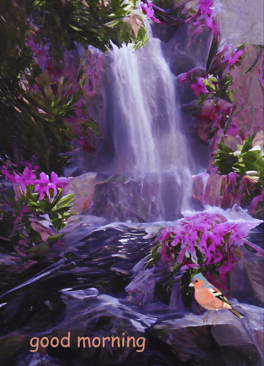 waterfall good morning images with flowers and birds